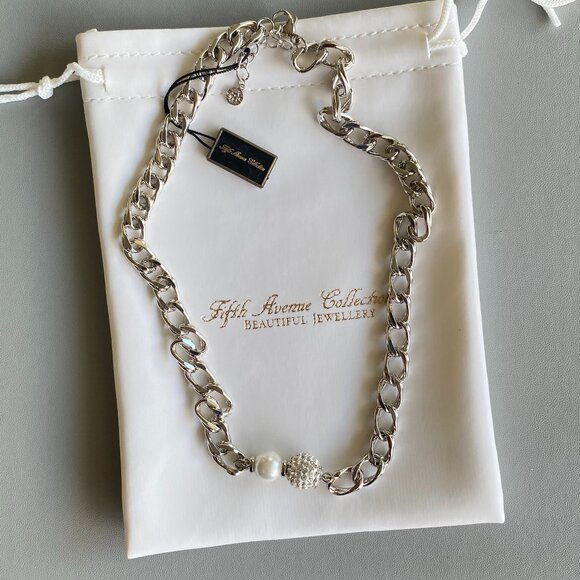 Rhodium Silver Tone Chain Pearl Pave Crystal Necklace - Picture 2 of 5